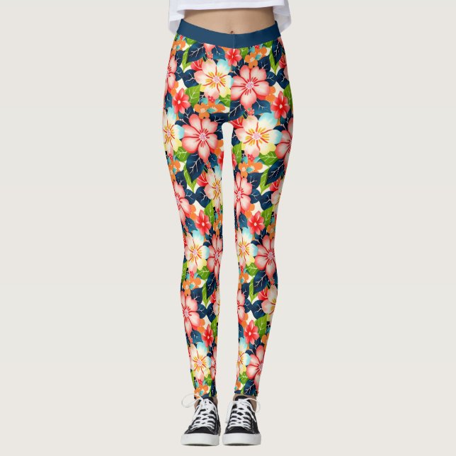 Vibrant Tropical Blommönster Leggings (Framsida)