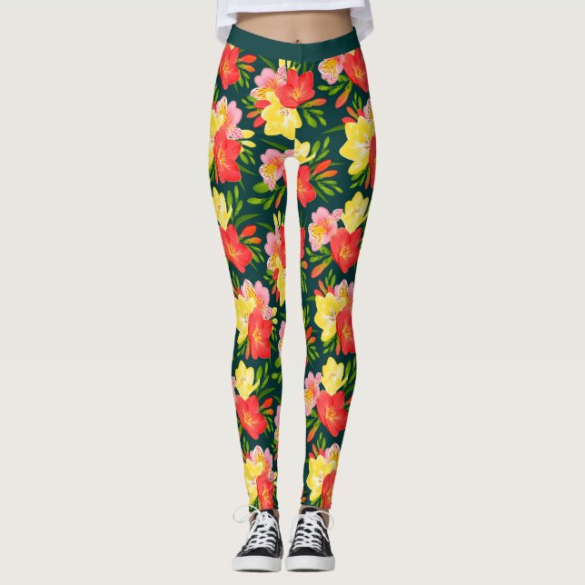 Vibrant Tropical Blommönster Leggings (Framsida)