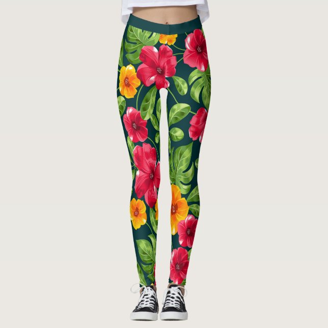 Vibrant Tropical Blommönster Leggings (Framsida)