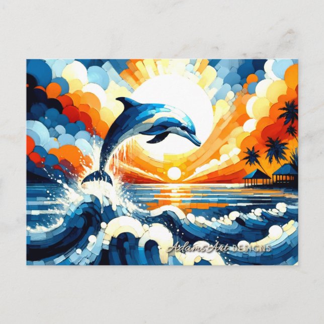 Vibrant Tropical Dolphin Sunset Ocean Art Helg Vykort (Framsida)