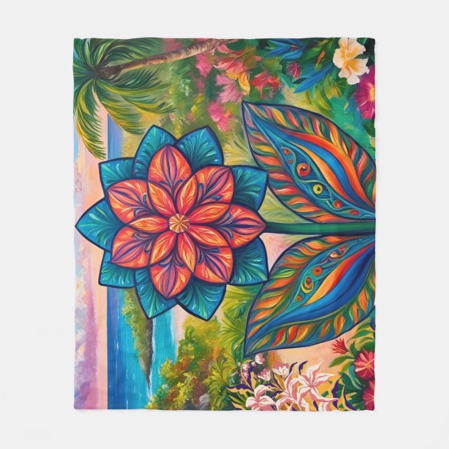 Vibrant Tropical Fantasy Flower i Paradise Fleecefilt (Framsidan)