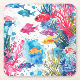 Vibrant Tropical Fish Watercolor Sea Life Mönster Underlägg Papper Kvadrat