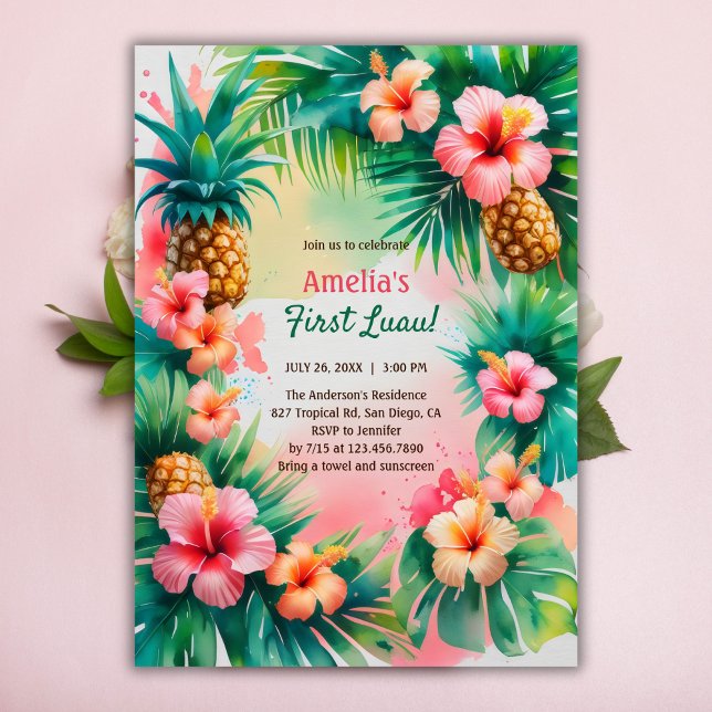 Vibrant Tropical Hawaiian First Luau 1:a födelseda Inbjudningar (First Luau Birthday Invitation – Vibrant Tropical Hawaiian Party Invite Invitation)