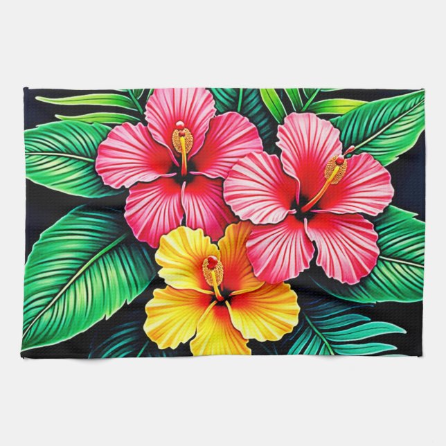 Vibrant Tropical Hibiscus Art Kökshandduk (Horisontell)
