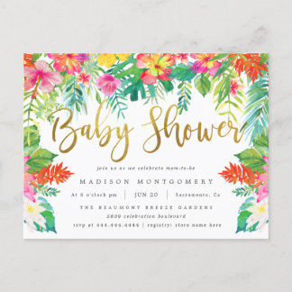 Vibrant Tropical Hibiscus Foliage Guld Baby Shower Inbjudan Vykort