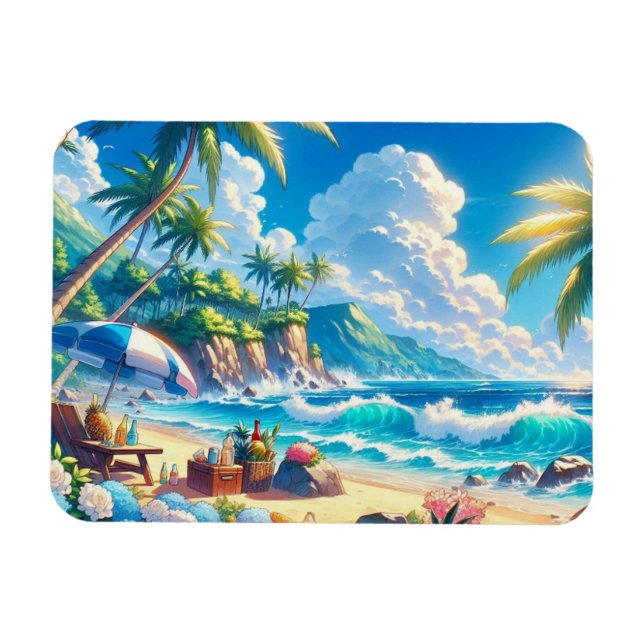 Vibrant Tropical Island Beach Watercolor Magnet (Horisontell)