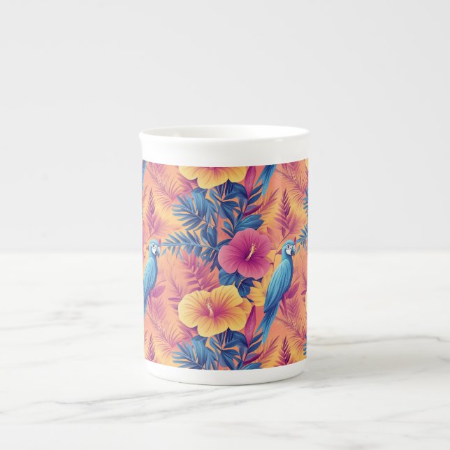 Vibrant Tropical Löv and Parrots Summer Mönster Benporslin Mugg (Framsidan)