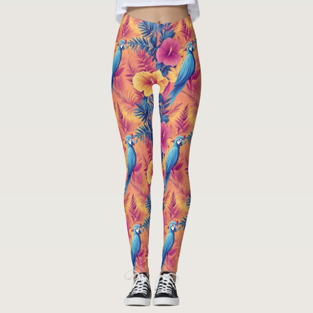 Vibrant Tropical Löv and Parrots Summer Mönster Leggings (Framsida)