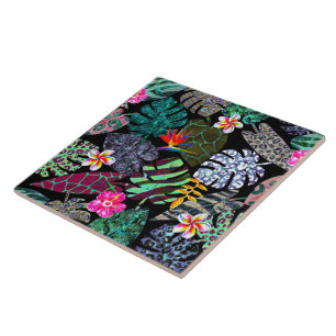 Vibrant Tropical Löv och Flowers Mönster Kakelplatta