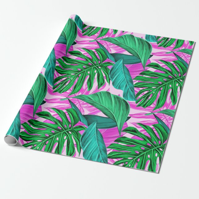 Vibrant Tropical Monstera Lövs Exotic Mönster  Presentpapper (Utrullad)