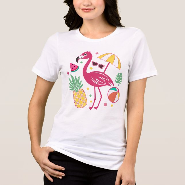 Vibrant Tropical Summer Flamingo & Pineapple Beach T Shirt (Framsida)