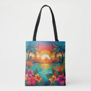 Vibrant Tropical Sunset med Handflatan Träd och Fl Tygkasse
