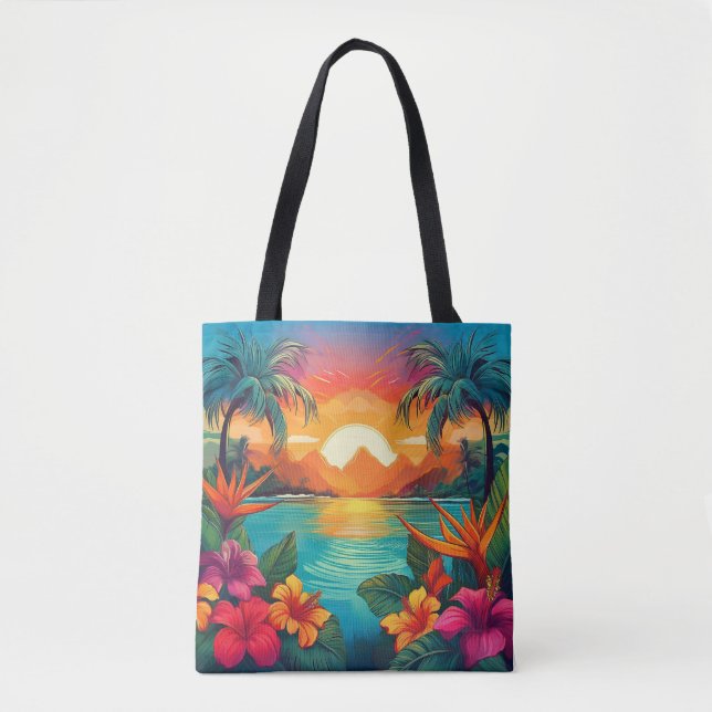 Vibrant Tropical Sunset med Handflatan Träd och Fl Tygkasse (Framsida)