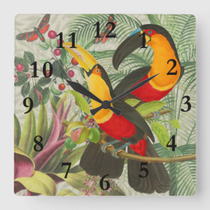 Vibrant Tropical Toucan Birds Art Exotic Jungle Fyrkantig Klocka