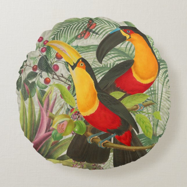 Vibrant Tropical Toucan Birds Art Exotic Jungle Rund Kudde (Framsidan)