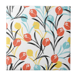 Vibrant Tulip Mönster Blommigt Design på vitt Kakelplatta