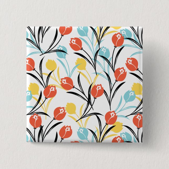 Vibrant Tulip Mönster Blommigt Design på vitt Knapp (Framsida)