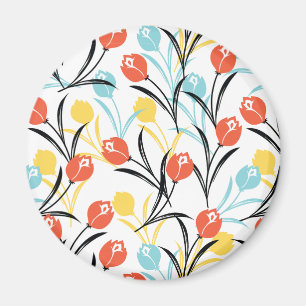Vibrant Tulip Mönster Blommigt Design på vitt Magnet