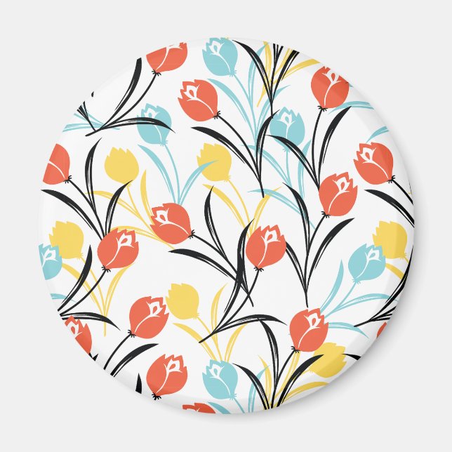 Vibrant Tulip Mönster Blommigt Design på vitt Magnet (Framsidan)
