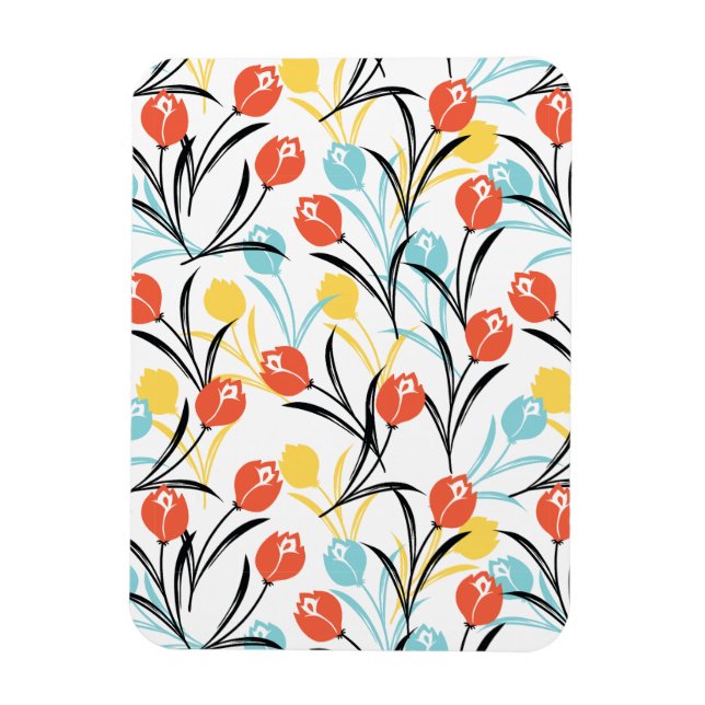 Vibrant Tulip Mönster Blommigt Design på vitt Magnet (Vertikal)