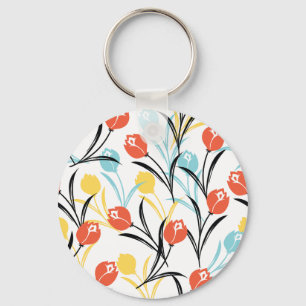 Vibrant Tulip Mönster Blommigt Design på vitt Nyckelring