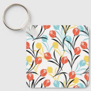 Vibrant Tulip Mönster Blommigt Design på vitt Nyckelring