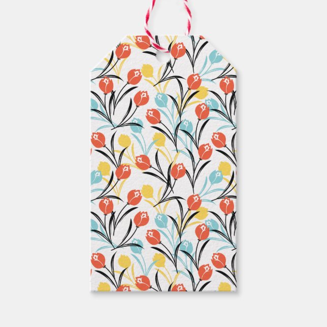 Vibrant Tulip Mönster Blommigt Design på vitt Presentetikett (Framsidan)