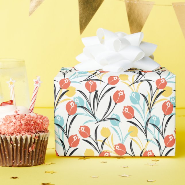 Vibrant Tulip Mönster Blommigt Design på vitt Presentpapper (Födelsedagsfest)