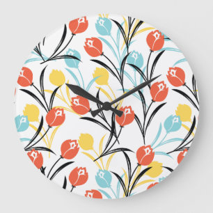 Vibrant Tulip Mönster Blommigt Design på vitt Stor Klocka