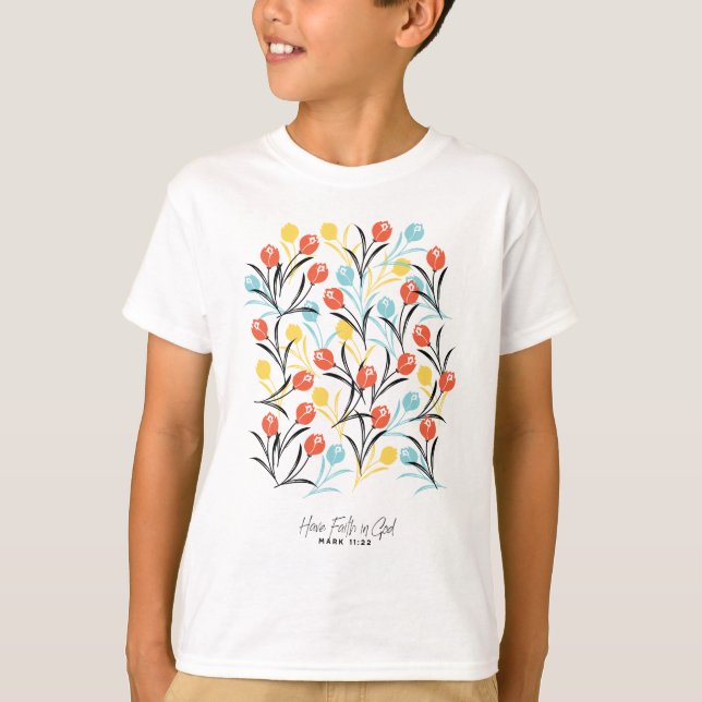 Vibrant Tulip Mönster Blommigt Design på vitt T Shirt (Framsida)