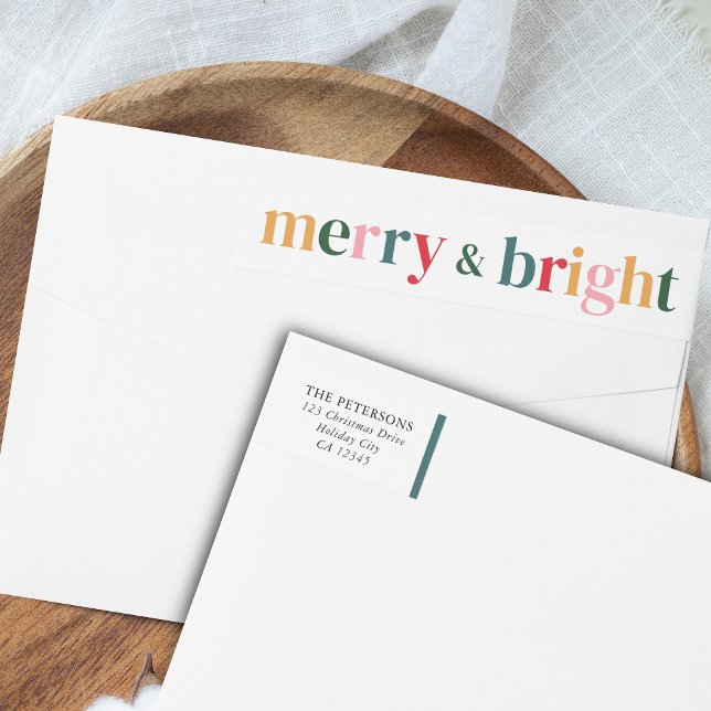 Vibrant typografi - Merry & Bright Modern jul Etikettband (Christmas Wrap Around Return Address Label)
