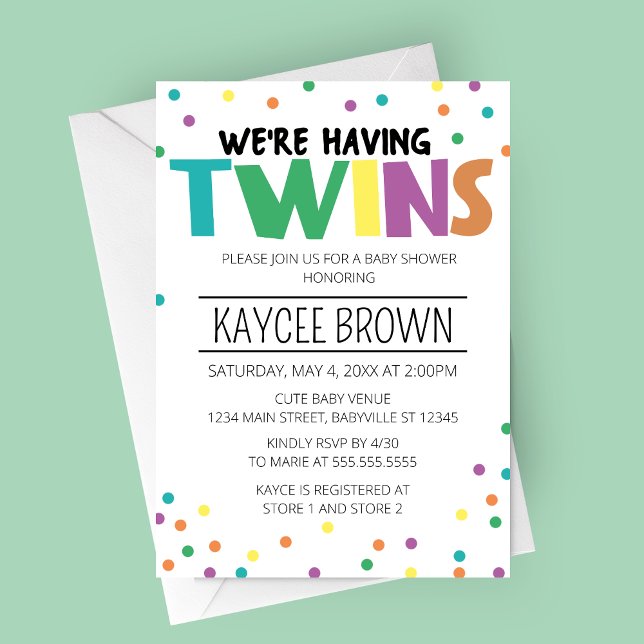 Vibrant typografi Vi har Twillingar för babyskor Inbjudningar (We're having Twins Vibrant Typography colorful baby shower invitation)
