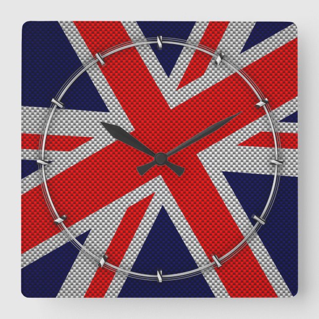 Vibrant Union Jack on Carbon Fiber Stil Print Fyrkantig Klocka (Framsida)