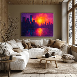 Vibrant Urban Sunset Fauvist Canvas - Cityscape Poster