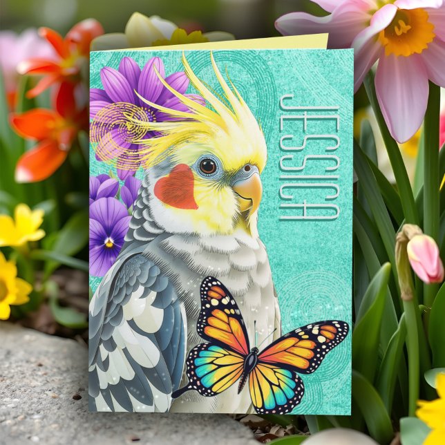 Vibrant Vår-blomning för vibrant Cockatiel Kort (Colorful cockatiel art with butterfly and flowers - personalized all occasion card for bird lovers!)