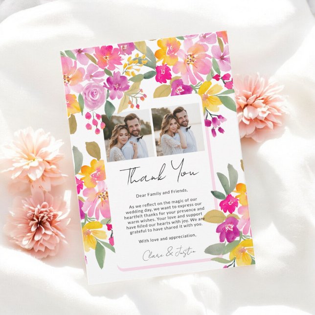 Vibrant Vår sommar Blommigt 3-Photo Bröllop Tack Kort (Vibrant Spring Summer Floral 3-Photo Wedding Thank You Card)