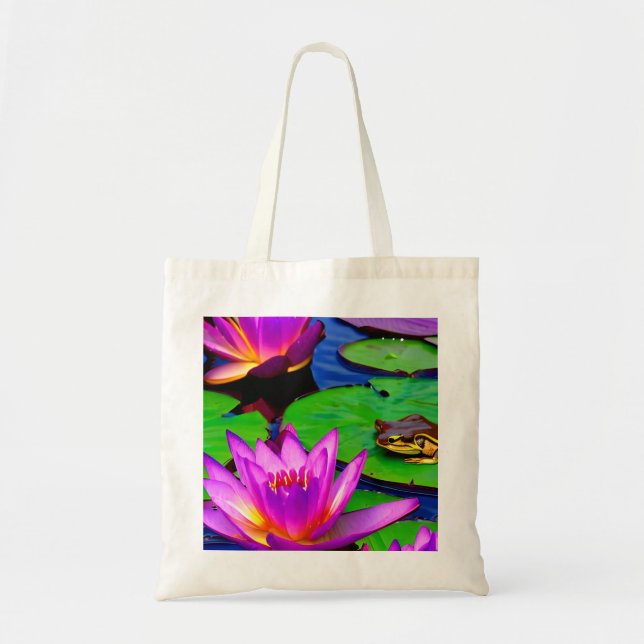 Vibrant Vatten Lilies Lily Dynors och a Frog Tygkasse (Framsidan)