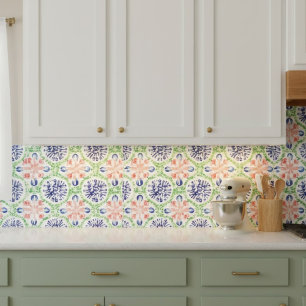 Vibrant vattenfärg Coral Blue Grönt Mönster Kakelplatta