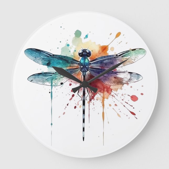 Vibrant vattenfärg Dragonfly Stor Klocka (Framsida)