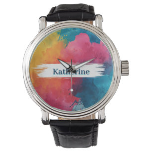 Vibrant vattenfärgsfärg Stänk med eget namn Armbandsur