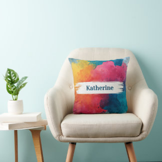 Vibrant vattenfärgsfärg Stänk med eget namn Kudde