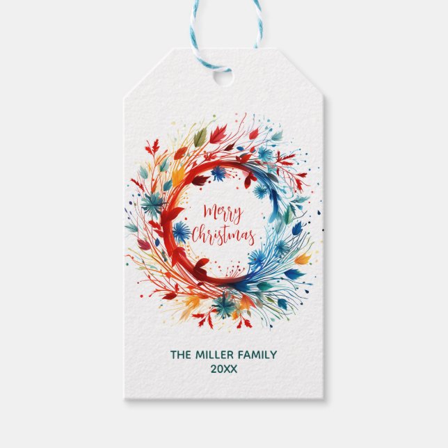 Vibrant vattenfärgsutandning i God jul Presentetikett (Framsidan)