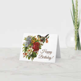 Vibrant Vintage Flowers och Bird Grattis på födels Kort