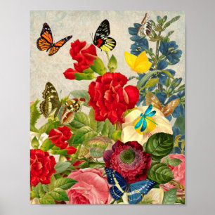 Vibrant Vintage Garden Flowers och Butterflies Poster