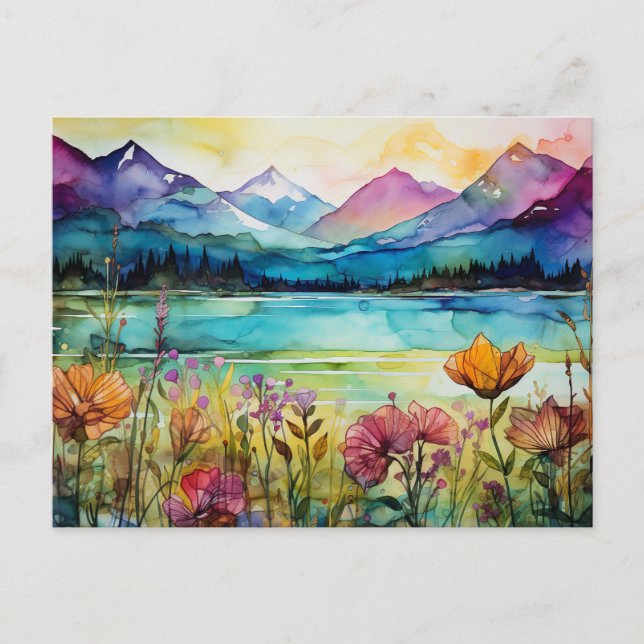 Vibrant Watercolor Bergvildblomma Postkort  Vykort (Framsida)