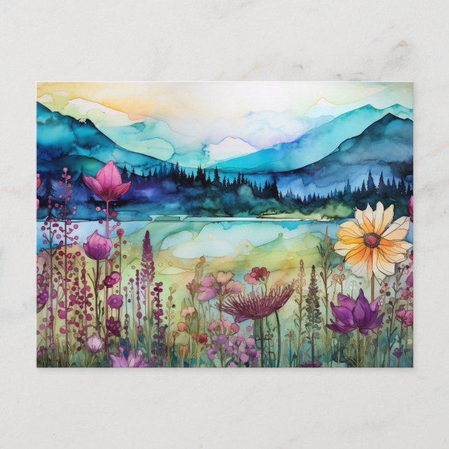 Vibrant Watercolor Bergvildblomma Postkort  Vykort (Framsida)