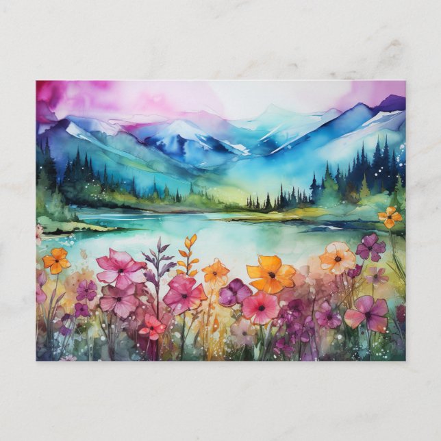 Vibrant Watercolor Bergvildblomma Postkort  Vykort (Framsida)