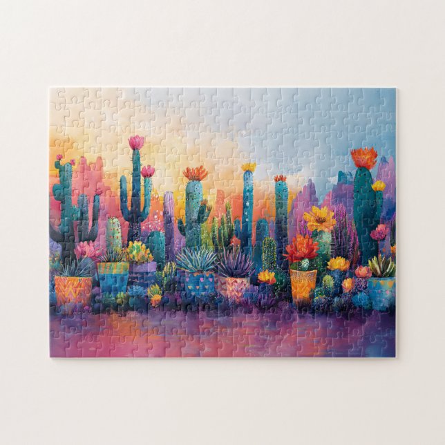 Vibrant Watercolor Cactus and Flowers Pussel (Horisontell)