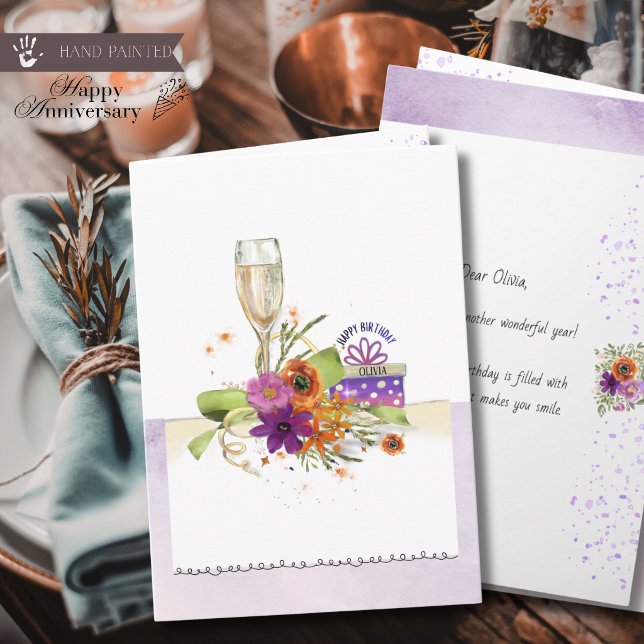 Vibrant Watercolor Champagne och presentbox födels Kort (Vibrant Watercolor Champagne and Gift Box Birthday Card)