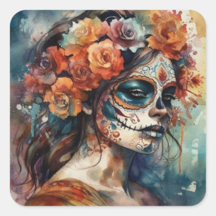 Vibrant Watercolor Dia de los Muertos Catrina Fyrkantigt Klistermärke
